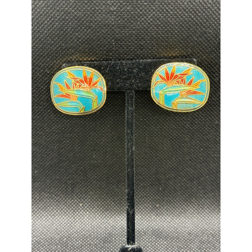 SG Bird of Paradise Enamel Stud Earrings Gold Tone Oval Tropical SG Logo